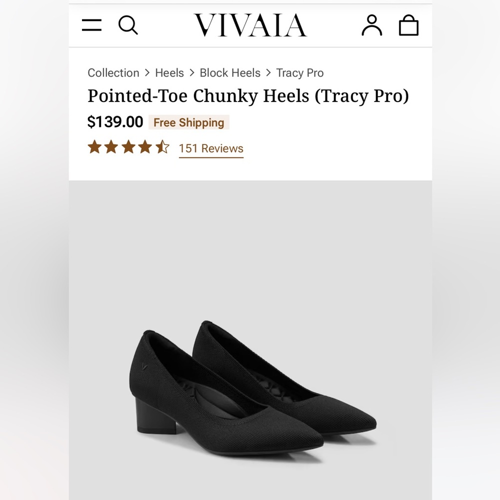Vivaia pointed toe chunky heels. Worn 2x. Great support and classic shoe!